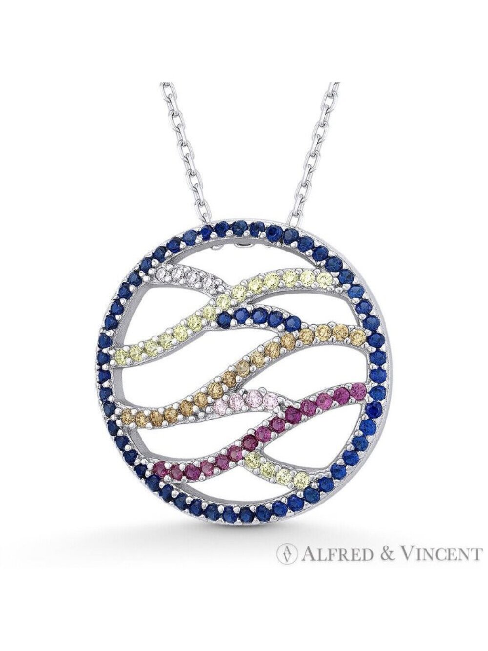 Criss-Crossing Swirl CZ Crystal Circle Pendant in .925 Sterling Silver w/Rhodium